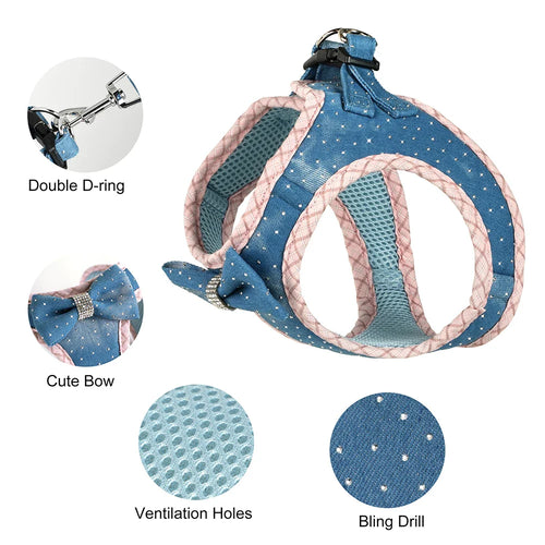 Denim Delight Mesh Harness & Leash Set - Fashionable Comfort for Small Breeds
