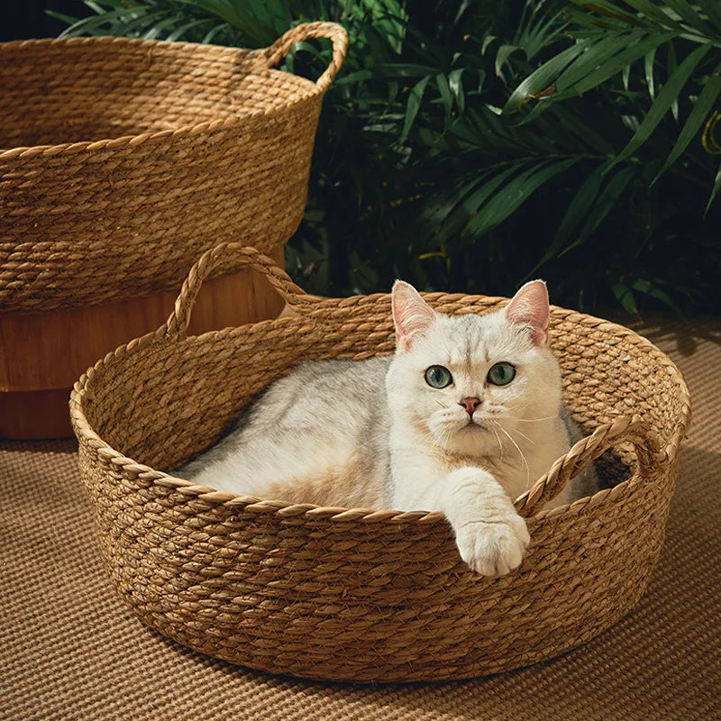 Breezy Rattan Retreat – Cool Weave Basket Bed for Cats and Small Dogs