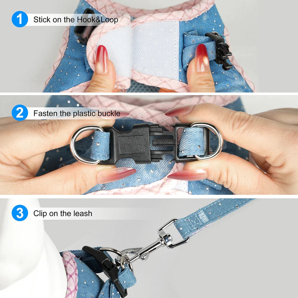 Denim Delight Mesh Harness & Leash Set - Fashionable Comfort for Small Breeds