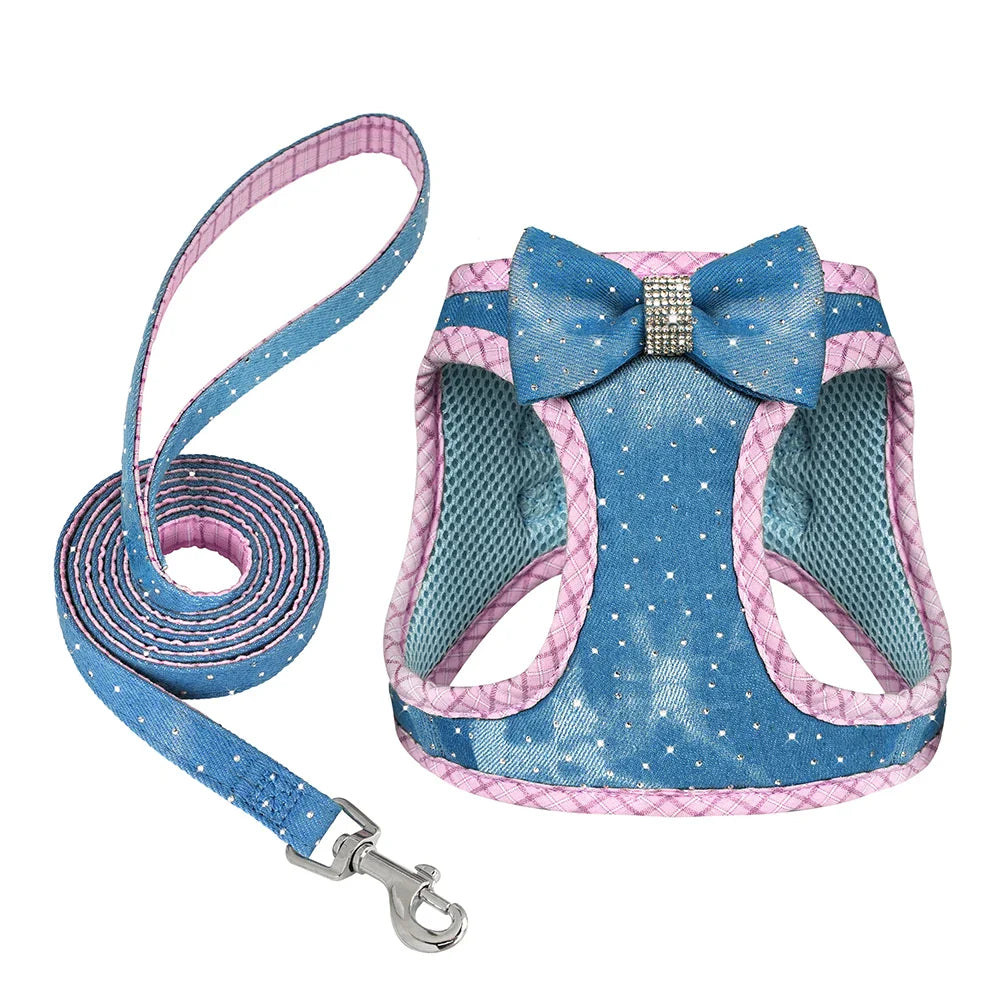 Denim Delight Mesh Harness & Leash Set - Fashionable Comfort for Small Breeds