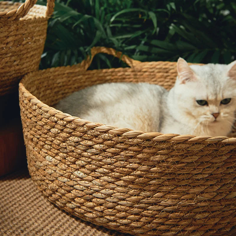 Breezy Rattan Retreat – Cool Weave Basket Bed for Cats and Small Dogs